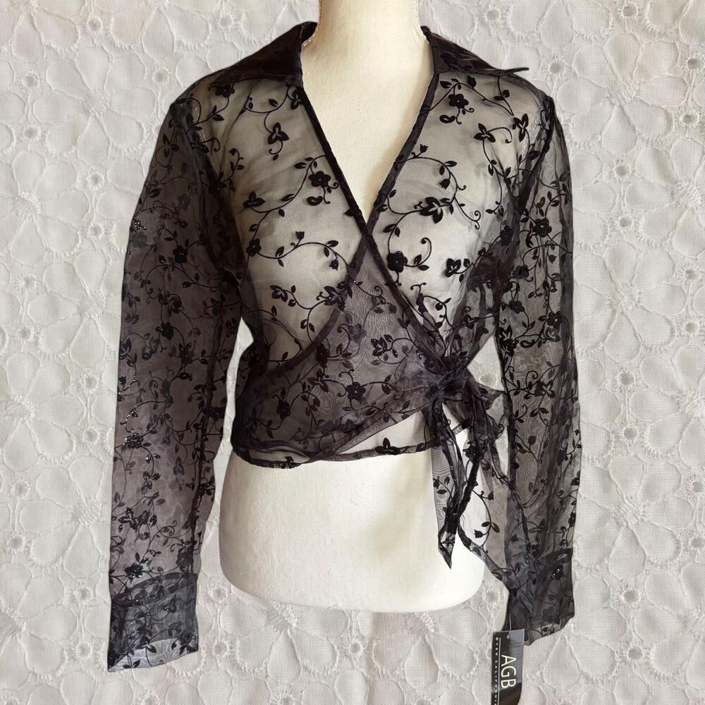 NWT Vintage 90s AGB Byer California Black Sheer Velvet Burnout Wrap Top Blouse